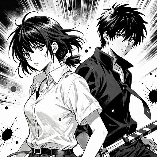 Black-and-white manga-style drawing of a serious, dark-haired man in a black shirt and a determined, dark-haired woman in a white blouse, with