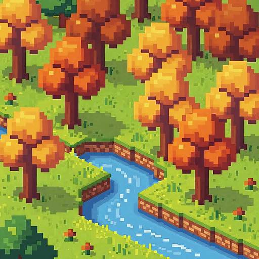 Pixel art of a vibrant autumn forest with orange and yellow leaves, a winding blue stream, and green grass. Bright, colorful, and lively.