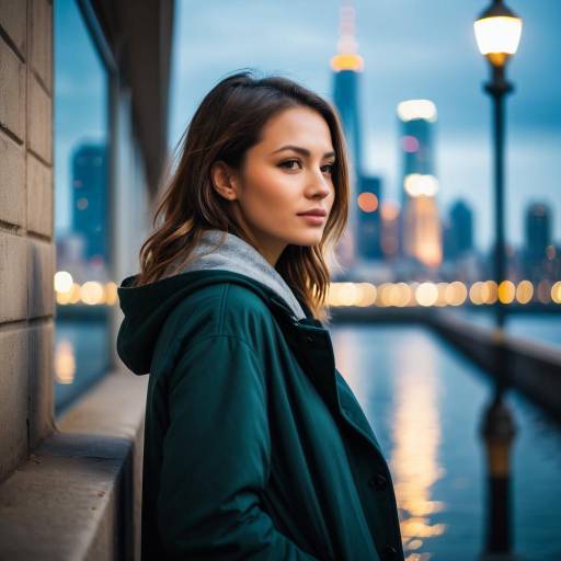 Young woman leaning against wall with city skyline at dawn