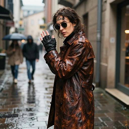 Rain-Soaked Tattooed Street Musician Back View