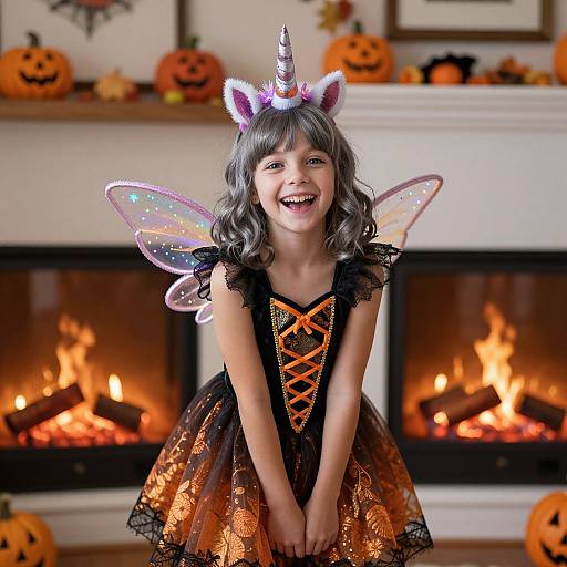 Photograph of a smiling young girl in a Halloween costume, featuring a unicorn horn, pink and white cat ears, sparkly fairy wings, black lace
