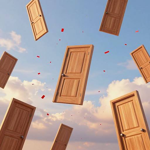 Photograph-style CGI: Wooden doors floating in a clear blue sky with scattered clouds, red rectangular fragments falling around them.