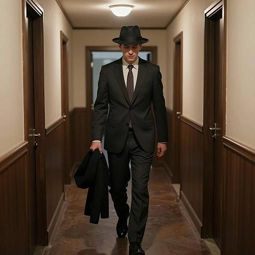 Mysterious Man in Dimly Lit Hallway