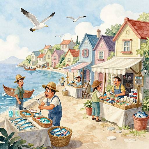 Colorful digital illustration of a quaint seaside village market. Fishermen sell fresh fish, seagulls fly above, and villagers shop at pastel-colored