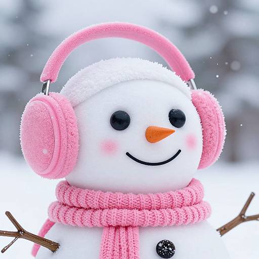 Photograph of a cheerful snowman with a pink scarf, matching pink earmuffs, orange carrot nose, black coal eyes, and blushing cheeks,