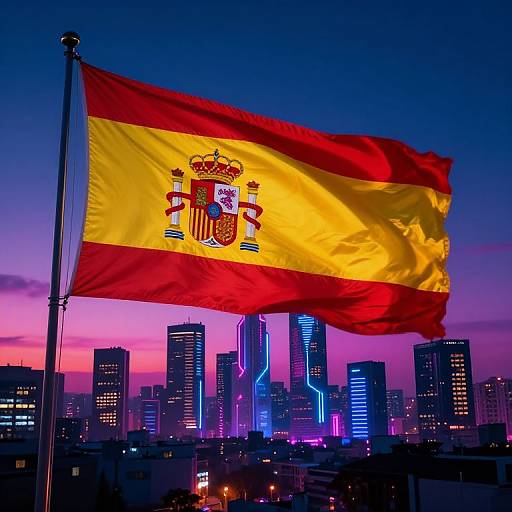 Photograph of Spanish flag with yellow and red stripes, royal coat of arms, waving against a vibrant, neon-lit city skyline at dusk.