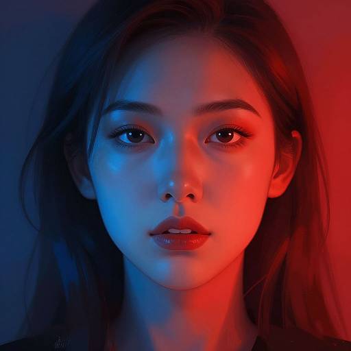 Photograph of a young woman with long brown hair, illuminated by red and blue lights, creating a dramatic, dual-colored effect on her face.