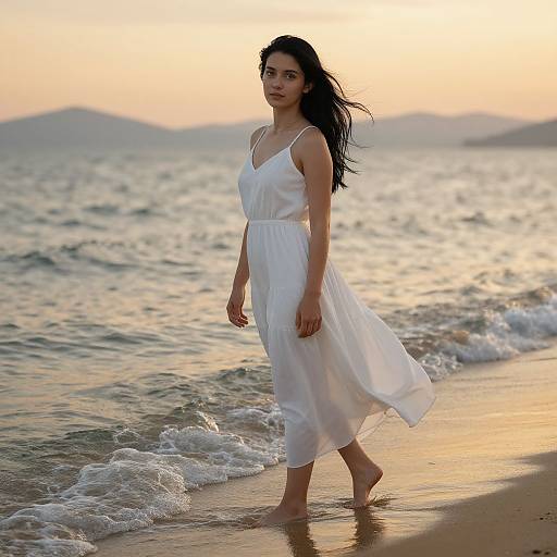 Photograph of a young woman with long black hair in a flowing white dress walking barefoot on a beach at sunset, with gentle waves and a golden