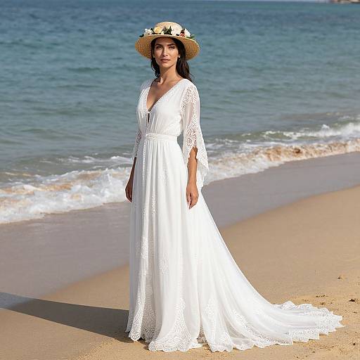 Photograph of a smiling Asian woman with long black hair, wearing a white lace dress and straw hat, standing on a sunny beach with gentle waves in