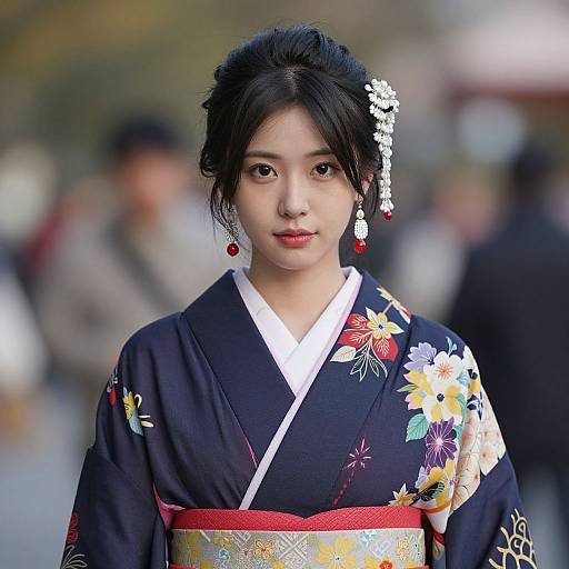 Photograph of an Asian woman with black hair, wearing a navy floral kimono, white trim, and red obi, adorned with white hairpiece