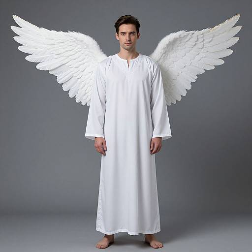 Photograph of a serious-looking man with short dark hair, wearing a white long tunic and large white angel wings, barefoot, standing against a