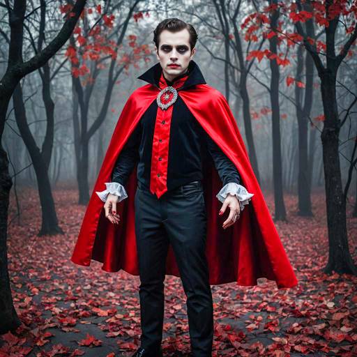 Man in Vampire Costume with Red Cape in Forest