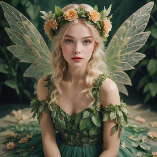 Blonde Fairy with Green Wings and Floral Crown