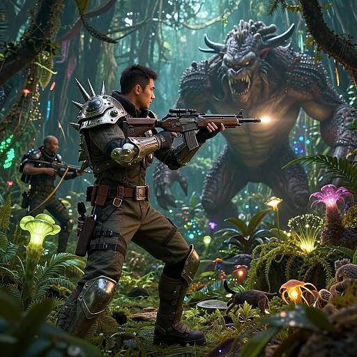 Digital artwork of a soldier with silver armor, aiming a rifle at a roaring, horned monster in a glowing, bioluminescent jungle.