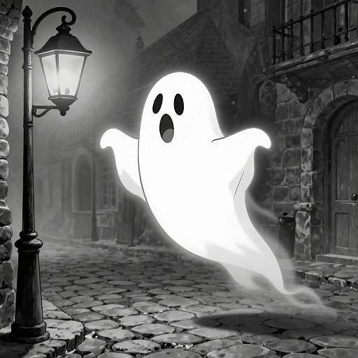 Ghost in white sheet with black eyes floating mid-air on a misty, cobblestone street beside a vintage streetlamp. Digital art.