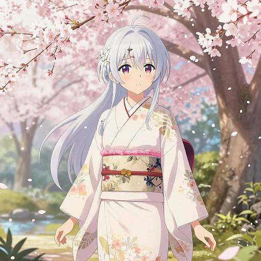 Anime-style digital drawing of a cute young girl with long white hair, purple eyes, wearing a floral white kimono, standing under cherry blossom trees with
