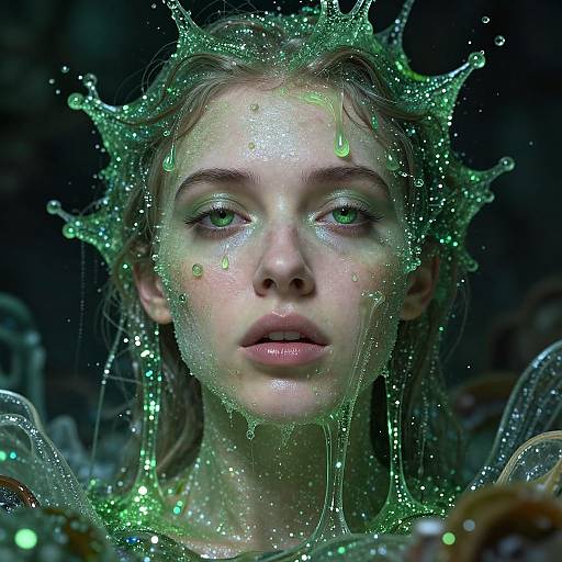 Photorealistic digital portrait of a young woman with glowing green liquid splashing over her face, creating an ethereal crown effect. Her expression is serene