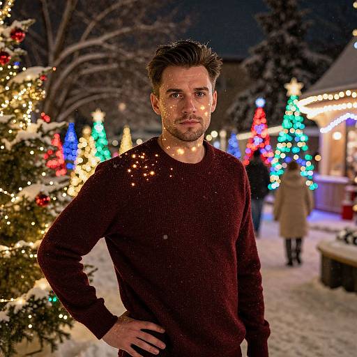 Photograph of a handsome, bearded man with short dark hair, wearing a maroon sweater, standing in a snowy, festive Christmas night scene with