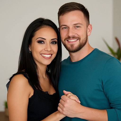Photograph of a smiling couple, woman with long black hair in a black lace top, man with short brown hair and beard in a teal shirt,