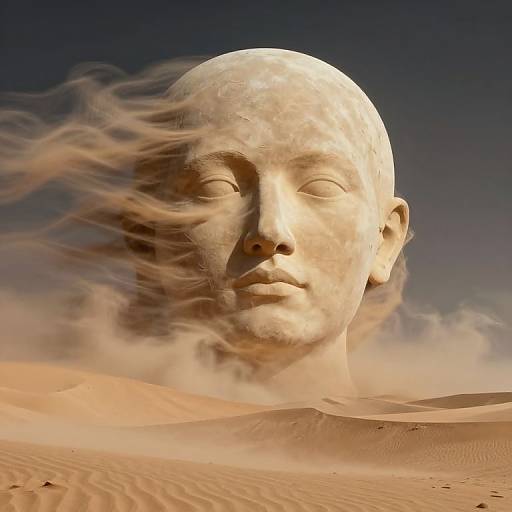 CGI image of a marble-like, bald, serene face with closed eyes, blowing in a desert wind, set against a deep blue sky.
