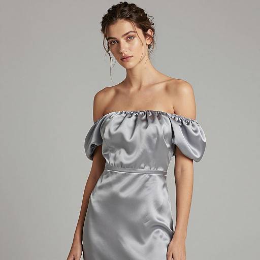 Young Woman in Silver Satin Off-Shoulder Dress