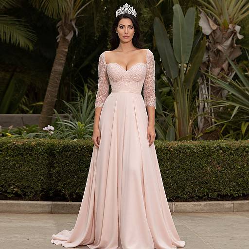 Photograph of a woman with dark hair, wearing a white lace-embellished, V-neck, long-sleeve wedding gown and a silver