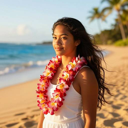 Photograph of a smiling South Asian woman with long black hair, wearing a white dress and a vibrant pink and yellow flower lei, standing on a sunny