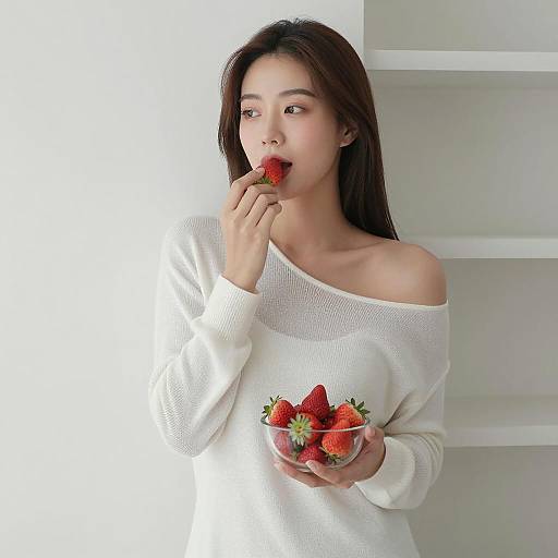 Casual Portrait of Asian Woman Enjoying Strawberries