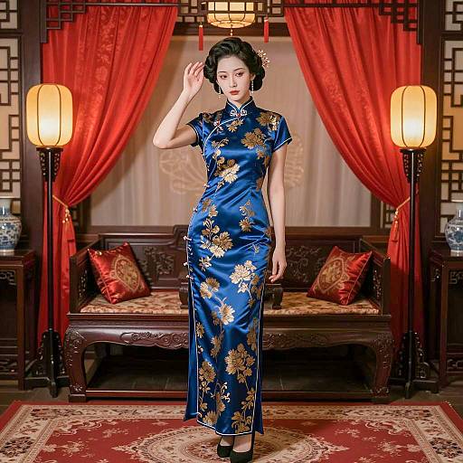 Asian Woman in Blue Silk Cheongsam in Traditional Chinese Room
