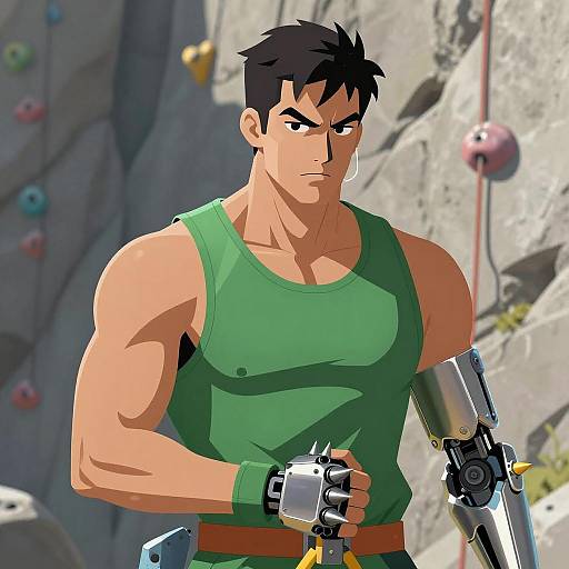 Muscular Man with Mechanical Arm in Action