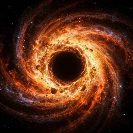 Digital artwork of a fiery, swirling black hole with bright orange and yellow flames, surrounded by glowing cosmic particles and stars.