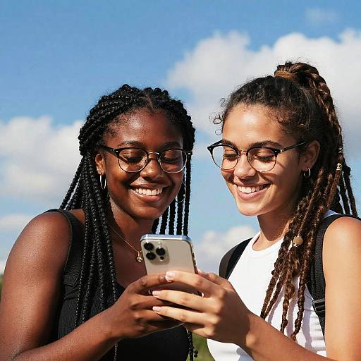Two Young Women Smiling with Smartphone Outdoors