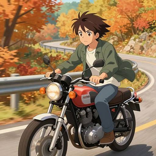 Anime-style drawing of a young man with spiky brown hair riding a red Honda motorcycle on a winding autumn road.
