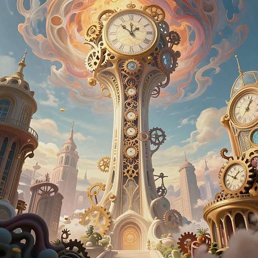 Whimsical steampunk clock tower with golden gears and clock faces, surrounded by fantastical cityscape with ornate towers and a vibrant, cloudy