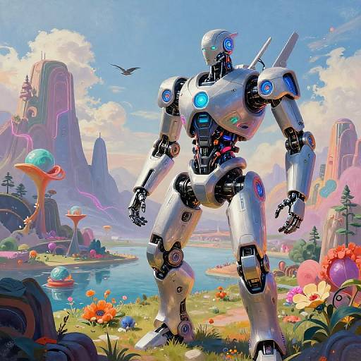 Digital art: A futuristic white robot with glowing blue eyes stands in a vibrant, colorful landscape of flowers, mountains, and floating islands. Bright blue sky