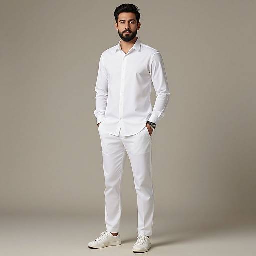 Photograph of a bearded man with dark hair, wearing a crisp white long-sleeve shirt, white pants, and white sneakers, standing confidently