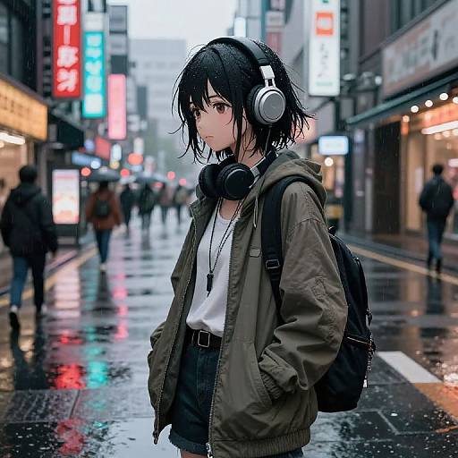 Anime-style digital drawing of a young woman with black hair, headphones, green jacket, and backpack, standing in a rainy, neon-lit city street