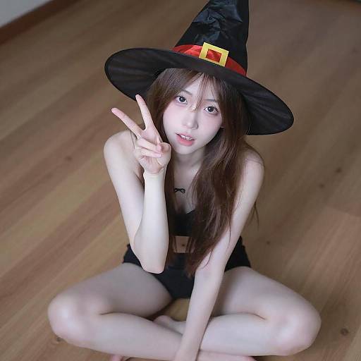 Playful Witch Portrait on Wooden Floor