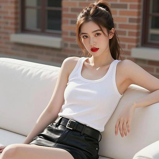 Confident Young Woman on White Couch