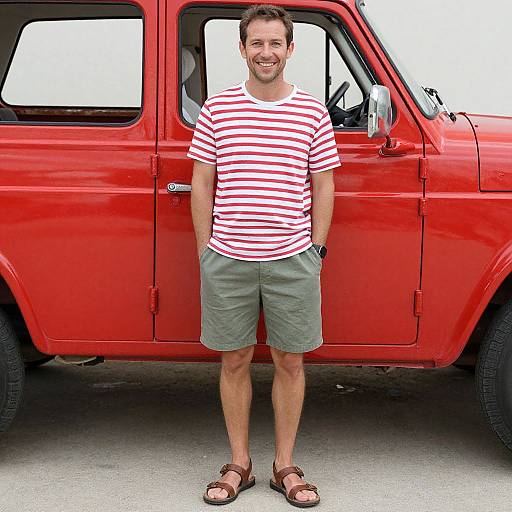 Photograph of a smiling man in a red-striped shirt, green shorts, and brown sandals standing in front of a bright red Jeep.