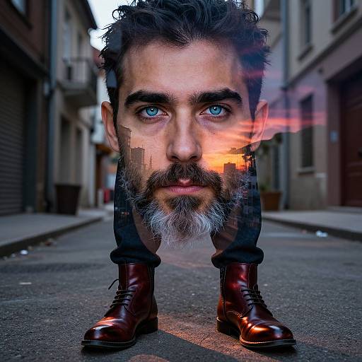 Photorealistic digital art: A bearded man with blue eyes stands in urban alley, superimposed face with fiery orange streak, wearing red leather