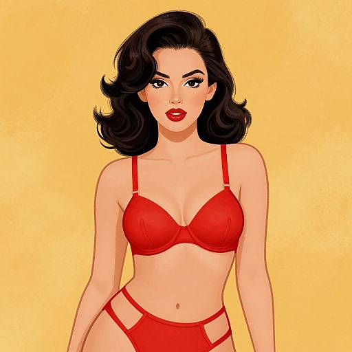 Digital illustration of a fair-skinned woman with black, wavy hair, wearing red lingerie against a yellow background, exuding a confident, sultry