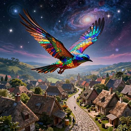 Colorful, mosaic-feathered bird soars over a quaint, starlit village with thatched roofs and a glowing, spiral galaxy in the night