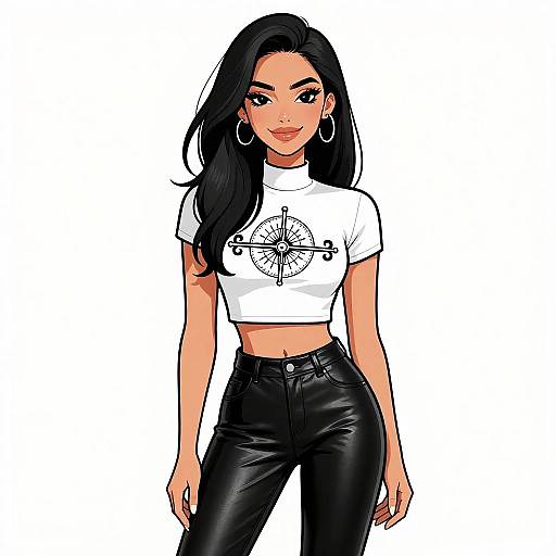 Digital illustration of a confident woman with long black hair, wearing a white crop top with a geometric design, black leather pants, and hoop earrings, standing
