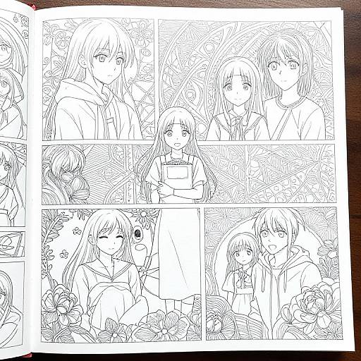 Black-and-white anime-style ink drawing comic page featuring four characters with long hair, floral backgrounds, and emotional expressions in various panels.