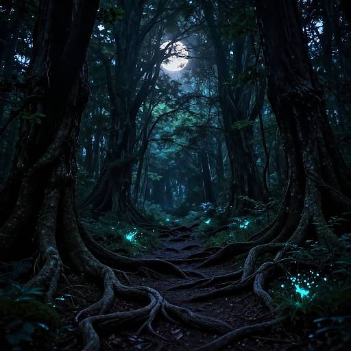Mysterious, dark forest path illuminated by glowing blue-green fireflies, with towering trees and exposed roots, under a moonlit sky. Photograph.