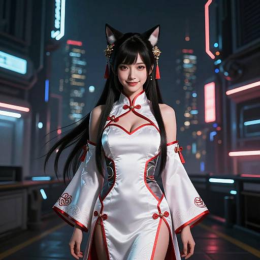 Digital artwork of an Asian woman with cat ears in a white, red-trimmed, high-collared, revealing dress, standing in a neon