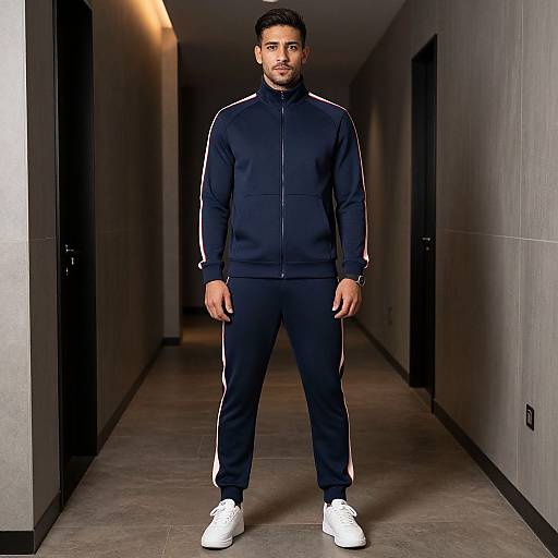 Photograph of a handsome, bearded man with short dark hair, wearing a navy tracksuit with white stripes and white sneakers, standing in a dim