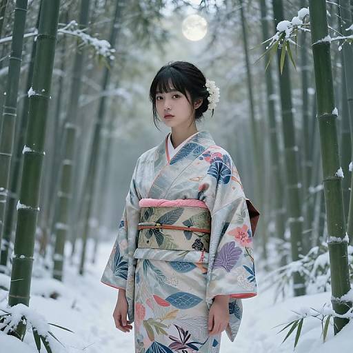 AI Japanese Girl in Snowy Bamboo Forest
