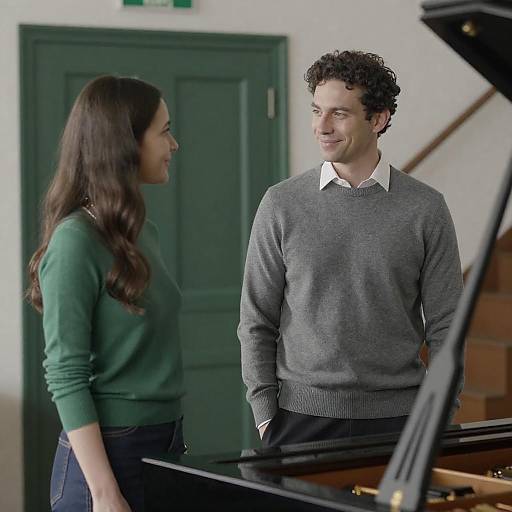 Man and Woman Smiling Indoors by Grand Piano